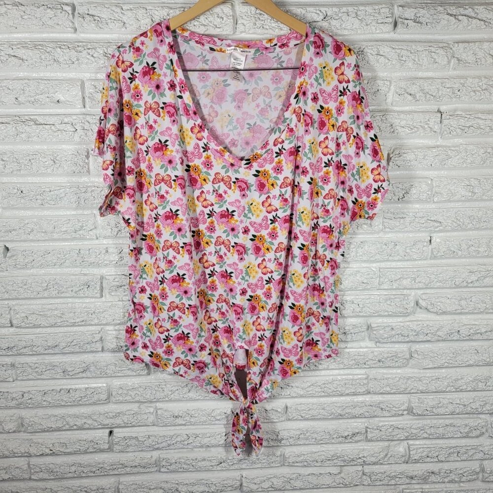Perfectly Imperfect Women's Plus Size‎ 3X Pink Orange Floral Front Tie FLO294E